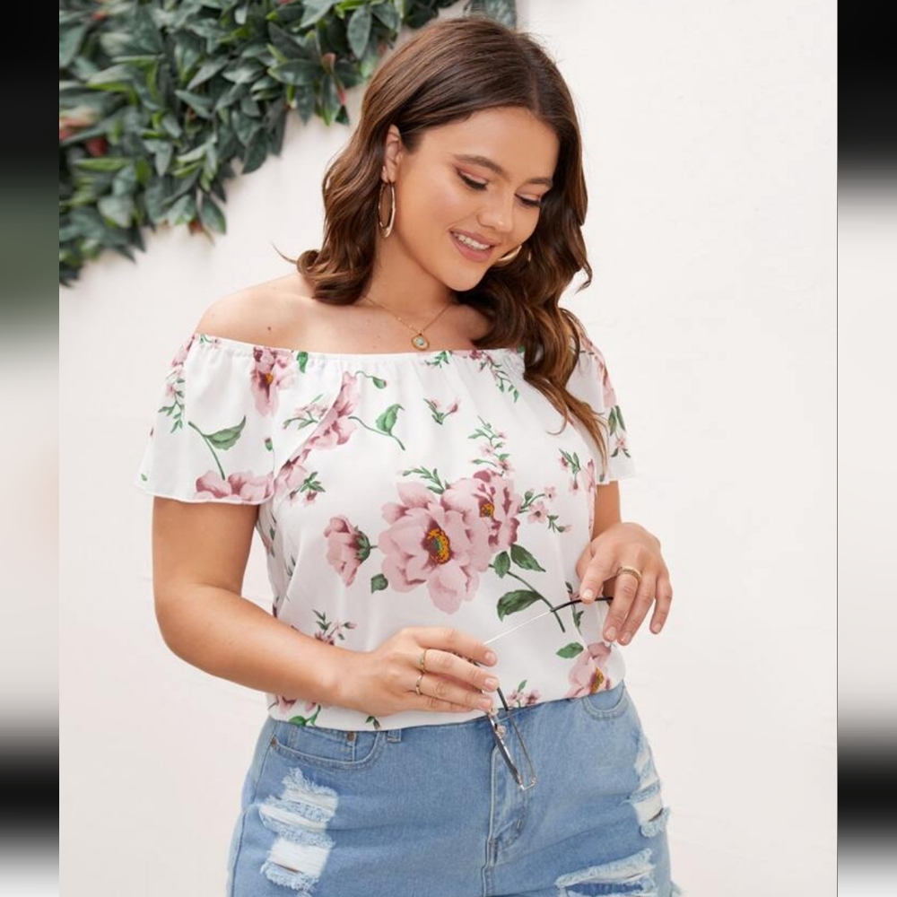 SHEIN Off-the-Shoulder Floral Ruffle Short Sleeve Top, Size L